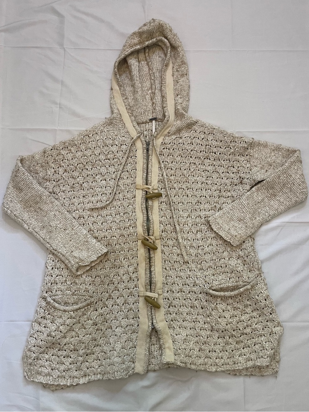 Free People Small Cream Crochet Knit Hooded Toggle Cardigan Sweater
